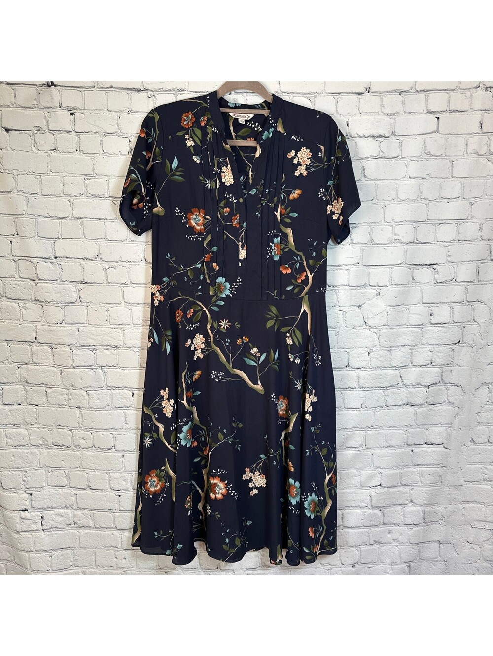 NANETTE LEPORE Boho Floral Crepe Pintuck Button Front Navy Sheer Slip Dress 10